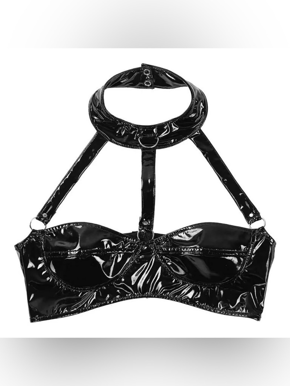 Black Faux Patent Leather Harness Crop Top | Sexy Bustier Bralette Wet Metallic - Picture 6 of 7